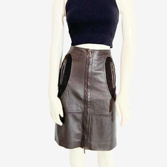 BOSS by HUGO BOSS Brown Leather and Suede Midi Skirt / size Small-Medium - Picture 1 of 11